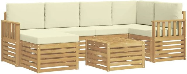 vidaXL Outdoor-Sofagarnitur 7-teilig in L-Form aus Akazienholz mit Polstern in Weiß und Beige - Bild 1