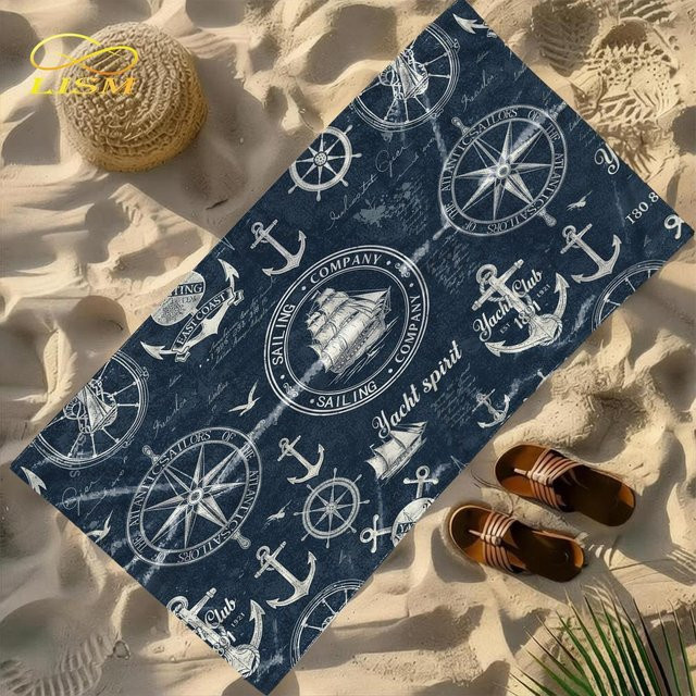 Lism Vintage Nautisches Strandtuch mit Anker Schiffsrad und Kompass Druck, Blau, B/B: 70 x 180 cm - Bild 1