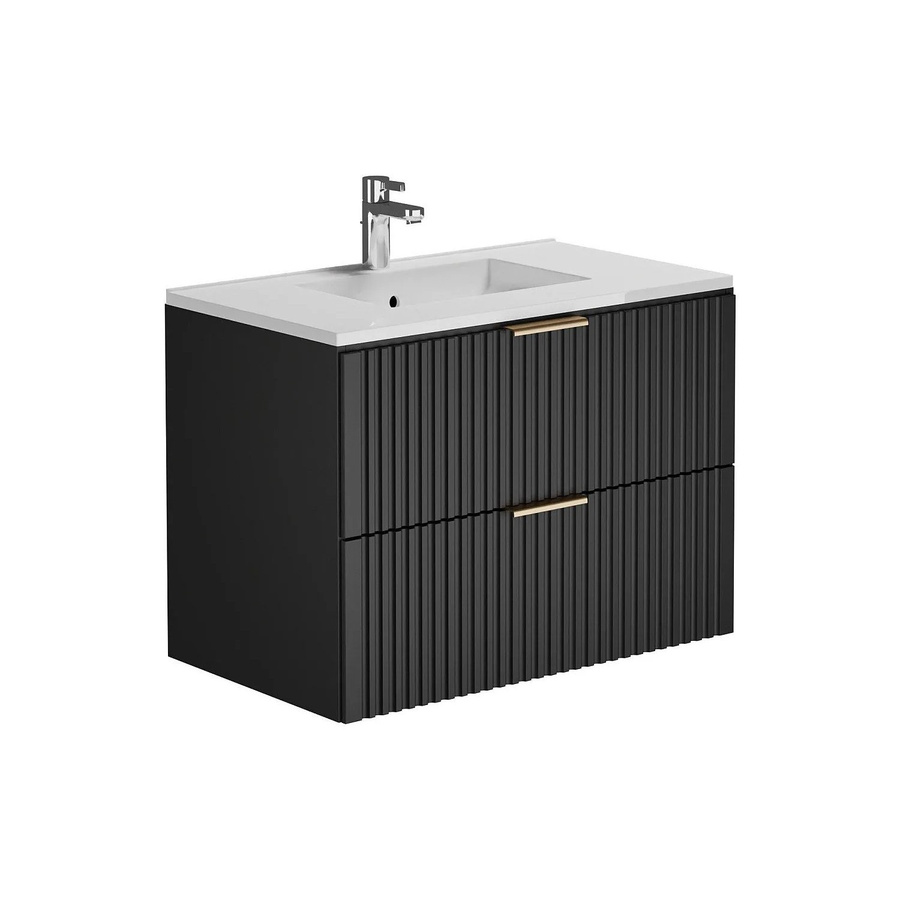 Vente-unique Einzelwaschtisch Zevara in Schwarz Matt im Art-déco-Stil mit gerippter Oberfläche, Breite: 80 cm, Tiefe: 57 cm, Höhe: 46 cm - Bild 2