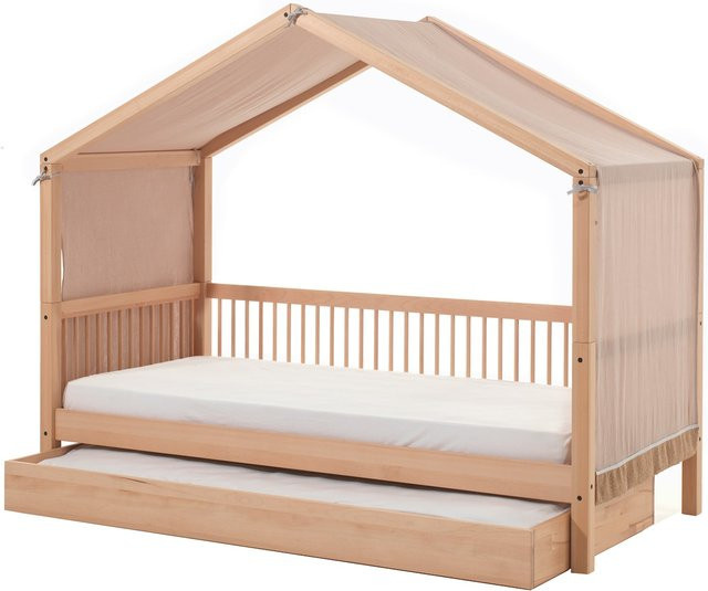 FAGUS Hausbett für Kinder aus Buche massiv natur mit Bettschublade und Textilhimmel, Liegefläche 90 x 200 cm, Farbe Braun/Beige - Bild 1