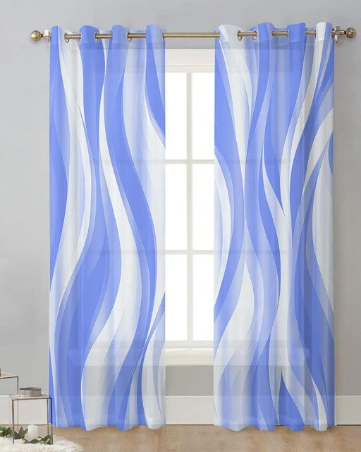 Yiran Furniture Moderne Tüllvorhänge mit Wellenlinien in Dunkelblau, transparente Voile-Fenstervorhänge mit Ösen, 2er-Set, Breite: 50 cm, Höhe: 130 cm - Bild 1