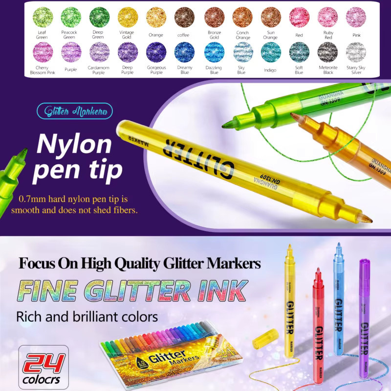 Kolorowys Glitzer-Marker-Set mit 24 Metallic-Schimmer-Acrylmarkern in Multicolour, wasserbasierte Tinte und feine Spitze (1 mm) - Bild 3