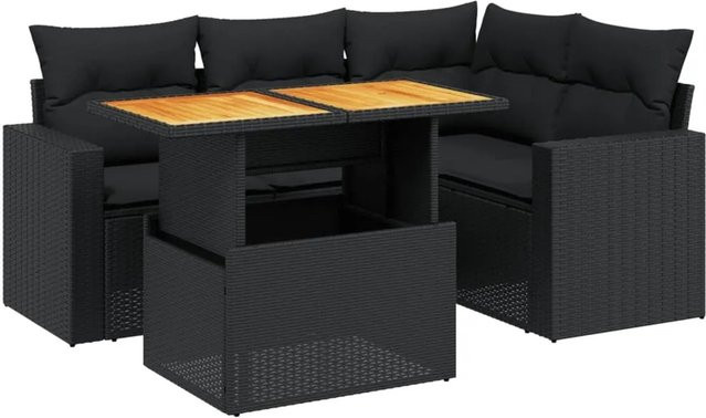 vidaXL 5-tlg. Garten-Sofagarnitur in L-Form aus Polyrattan und Akazienholz mit Kissen, Schwarz - Bild 1