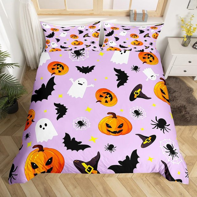 Bettwäscheset mit Halloween-Motiv von Binchi Outdoor Product, gelbes Geister-Design mit Kürbis-Laternen und floralen Elementen, Material Polyester, B/H: 140 x 210 cm - Bild 1