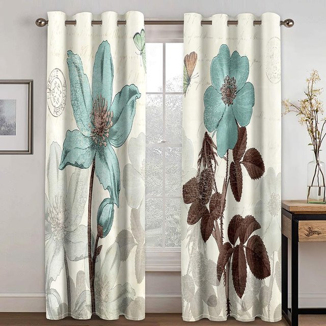 A Family Of Home Textiles Sonnenschutzvorhang im Retro-Stil mit Blumen- und Blättermuster, halbtransparent, Mehrfarbig, Breite: 150 cm, Höhe: 166 cm - Bild 1