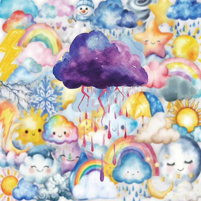 50 Stück Cartoon Aquarell Wetter PET Aufkleber Set mit Wolken, Sonne, Regen und Licht für kreatives DIY zur Dekoration von Boxen, Stifthaltern und Tassen in Mehrfarbig - Bild 1