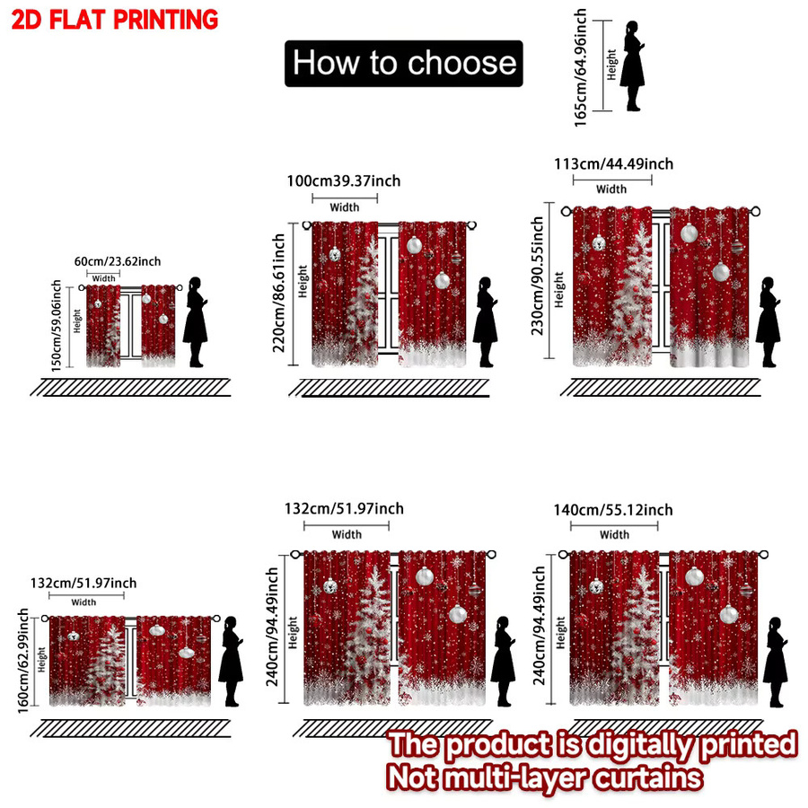 Set aus 2 weihnachtlichen Polyester-Vorhängen mit weißem Baum-Motiv in Weiß und Rot, semi-transparent und modern gestaltet - Bild 3