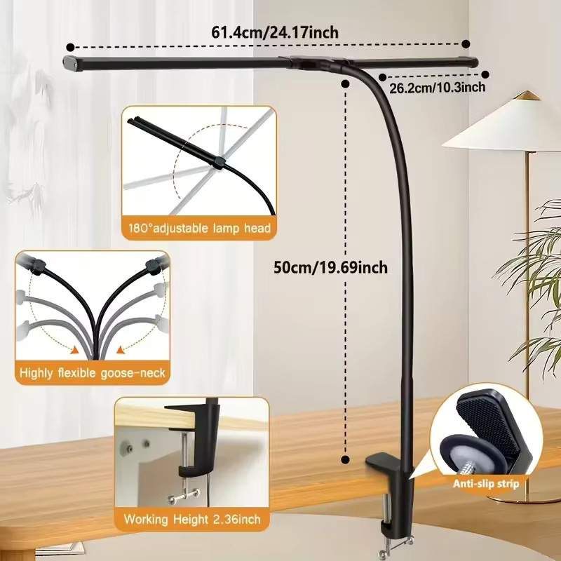 TLEDMP LED-Schreibtischlampe in Schwarz mit Klemme, dimmbar und farbwechselnd mit flexiblem Schwanenhals-Doppelkopf für dein Home-Office - Bild 3