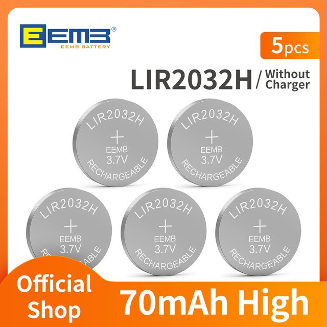 EEMB LIR2032H Wiederaufladbare Lithium-Batterie mit Ladegerät, 70mAh, Silber - Bild 1