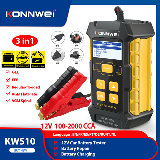 KONNWEI KW510 3-in-1 Autobatterietester und Ladegerät mit Puls-Reparaturfunktion für AGM, Gel und Blei-Säure Batterien, Schwarz - Bild 1