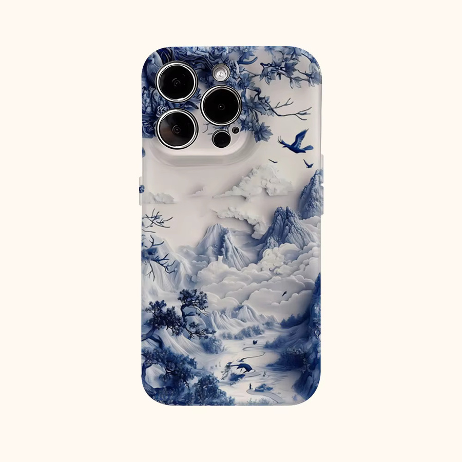 Potdemiel Handyhülle mit blau-weißer Landschaftskunst für iPhone 17, 16 und 15 mit doppellagiger Rückabdeckung - Bild 2