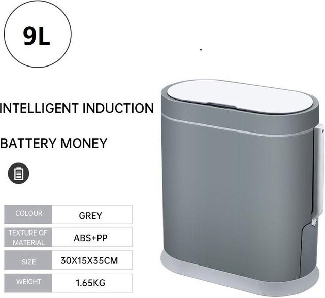 Smart Sensor Mülleimer mit Deckel für das Badezimmer, 9L, Grau, wasserdicht und schmal - Bild 1