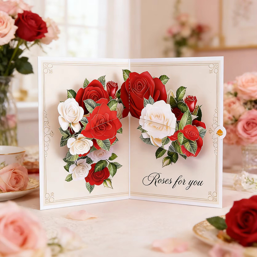 Opjoys 3D-Grußkarte mit roten und weißen Rosen für Geburtstage und Jubiläen - Bild 2