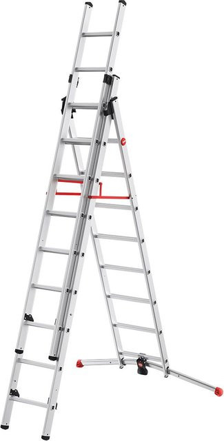 Hailo S100 ProfiLOT Multifunktionsleiter aus Aluminium, 3-teilig, Silber-Rot, 2 x 9 + 1 x 8 Sprossen - Bild 1