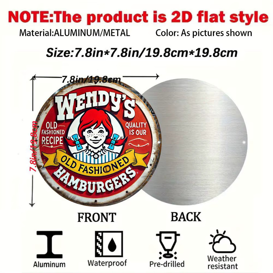 Wendy's Vintage Hamburgers Metallwandschild aus Aluminium, rundes Retro-Diner-Dekor in Rot, Durchmesser: 20 cm - Bild 2