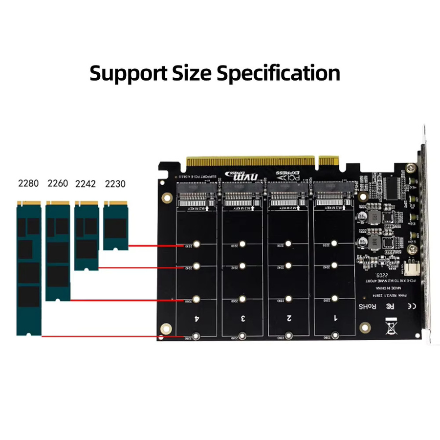 4-Port M.2 NVMe SSD zu PCIe x16 Erweiterungskarte mit LED-Anzeige in Schwarz - Bild 3