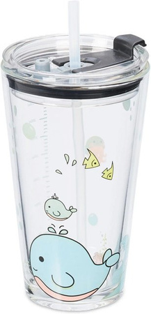 Relaxdays Kinder Trinkglas aus Glas mit Deckel und Strohhalm in Transparent Türkis und Rosa, B/T/H: 15,5 x 9 x 9,5 cm