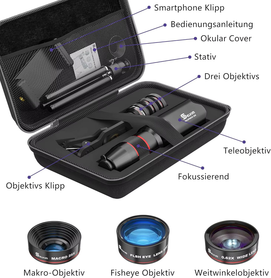 VersandMobiles Handy Linsen-Kombinationsset in Schwarz mit Stativ, bestehend aus 22X Teleobjektiv, 25X Makro Objektiv, 0,62X Weitwinkel und 235° Fischauge Objektiv, universelles Smartphone Linsen Kit - Bild 2