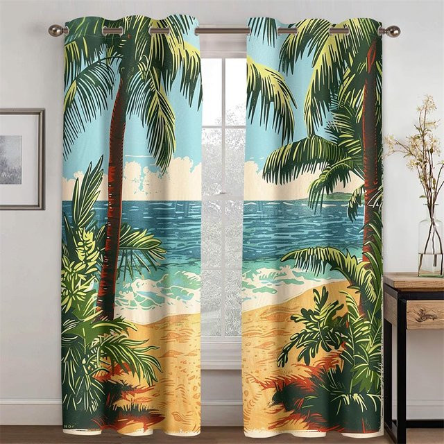 Vorhang Set mit Strandszene im Vintage-Stil von Household supplies MH, halbtransparent, mehrfarbig, 2 Paneele, B: 50 cm, H: 130 cm - Bild 1