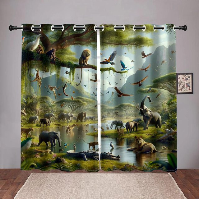 Zweiteiliges Set halbtransparente Fenstervorhänge mit afrikanischem Elefanten-Cartoon-Motiv in Multicolour, Breite: 65 cm, Höhe: 60 cm - Bild 1