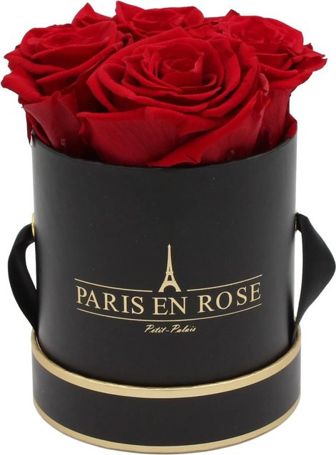PARIS EN ROSE Rosenbox Schwarz-Gold mit 4 Bordeaux Rosen, Durchmesser: 10 cm - Bild 1