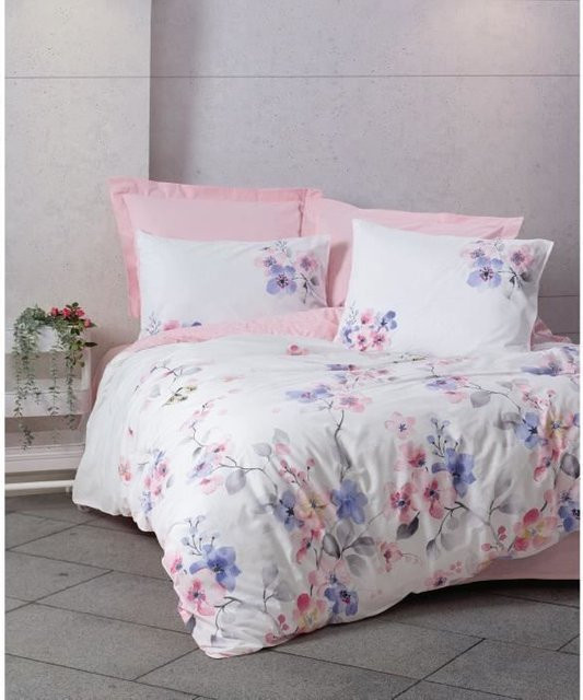 Bettwäsche-Set mit floralem Design aus 100% Baumwolle in Rosa und Weiß, bestehend aus 1 Bettbezug (Breite: 220 cm, Höhe: 240 cm) und 2 Kissenbezügen (60 x 60 cm) - Bild 1