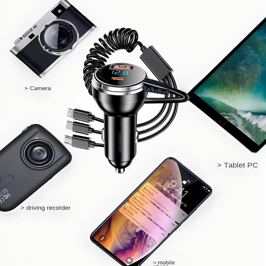 Fireurus Auto-Schnellladegerät mit 230 W, PD QC3.0 und einziehbarem USB-Typ-C-Kabel, Universal-Adapter für iPhone, Samsung, Xiaomi und Android-Geräte, Schwarz - Bild 4