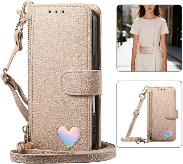 QINGLONG GOODS Handyhülle mit Reißverschluss und Kreditkartenetui für Samsung Galaxy A53 A54 A55 A56 A14 A15 A17 A16 A57 5G in Weiß und Beige - Bild 1