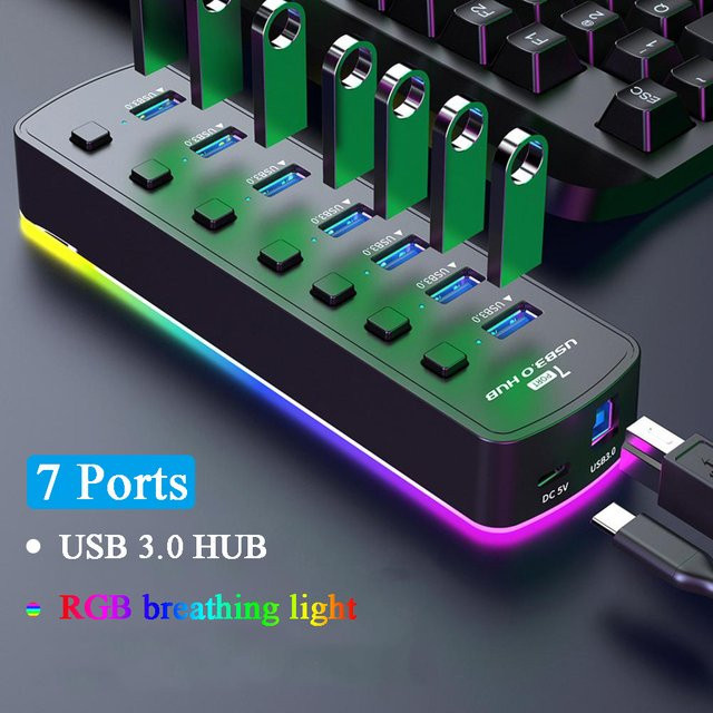 YUXI RGB USB 3.0 Hub mit 7 Ports und individuellen Ein/Aus-Schaltern, 5 Gbit/s Datenübertragung, Schwarz - Bild 1
