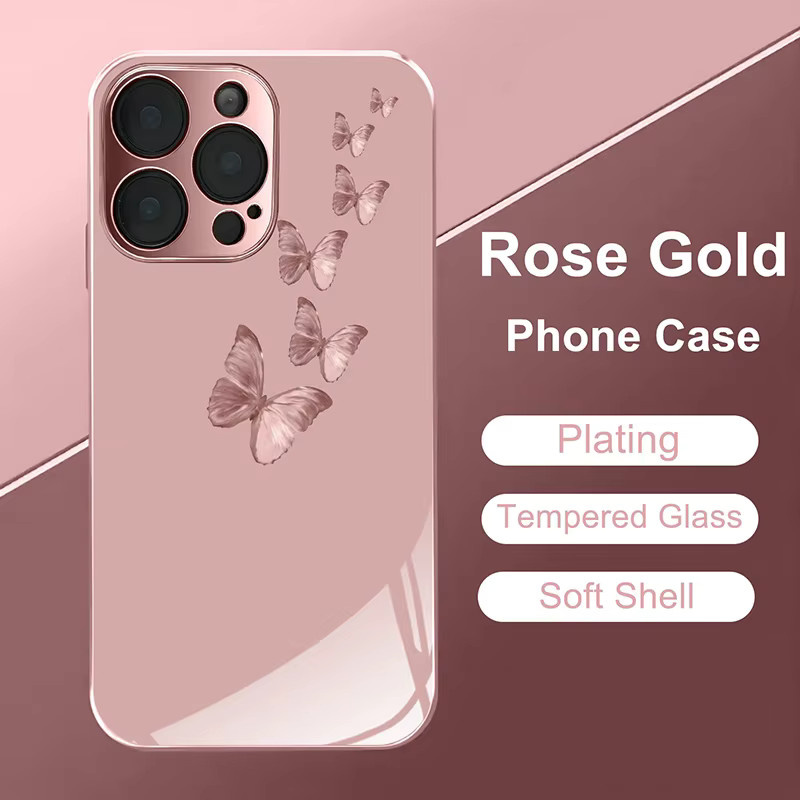 Rosa Handyhülle mit Schmetterlingsmuster aus gehärtetem Glas für Apple iPhone 11 bis iPhone 18 Pro Max Plus und 17 Air 16E - Bild 3