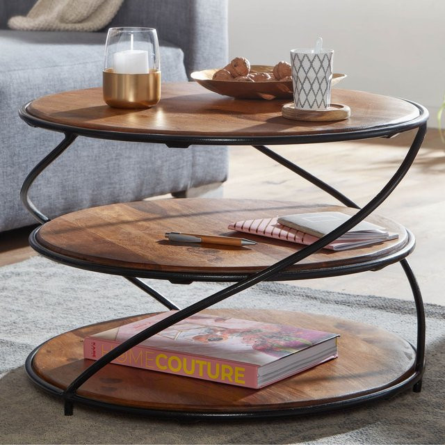 FineBuy Couchtisch aus Sheesham Massivholz in Braun mit Ablagen im Industrial Design, Durchmesser: 58 cm, Höhe: 40,5 cm - Bild 1