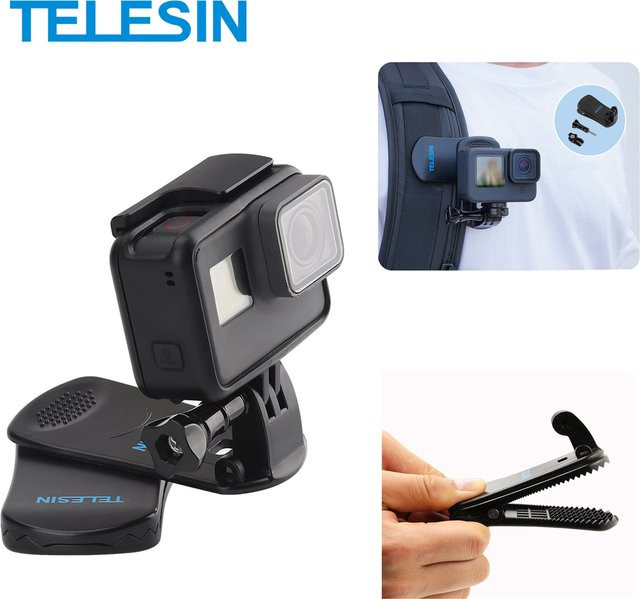 Telesin 360 Rotary Rucksack Clip Mount für GoPro Hero 13 12 11 10 9 8 7, DJI Osmo Action, Xiaoyi und Insta360 in Schwarz - Bild 1