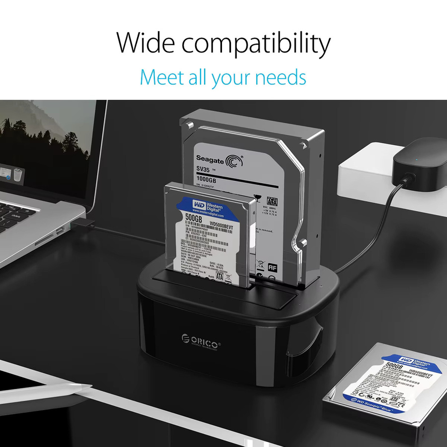 ORICO Dual-Bay HDD-Dockingstation USB 3.0 und USB-C für 2,5 und 3,5 Zoll SATA-Festplatten, Schwarz - Bild 2