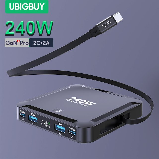 Ubigbuy 240 W GaN Ladegerät mit Digitalanzeige und einziehbarem 100 W USB-C Kabel in Schwarz - Bild 1