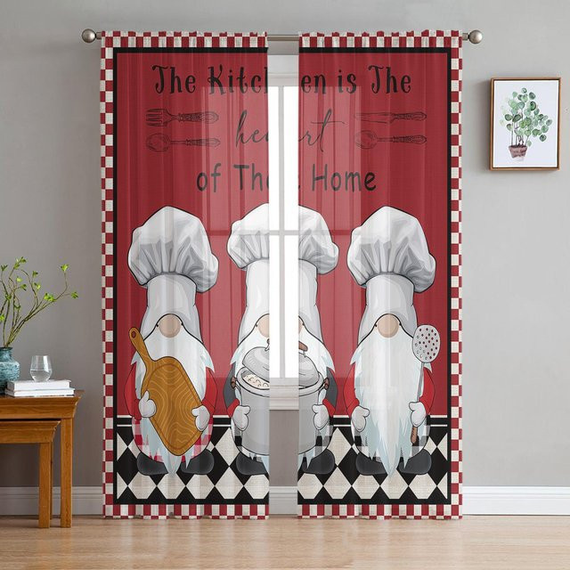 Küchenchef Zwerg Scheibengardine aus Tüll und Organza für Küche und Wohnzimmer, Farbe: Braun, Breite: 135 cm, Höhe: 115 cm - Bild 1