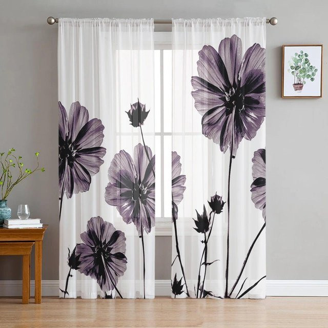 A Family Of Home Textiles Transparenter Chiffon-Vorhang mit floralem Design in Lila, Breite: 135 cm, Höhe: 160 cm - Bild 1
