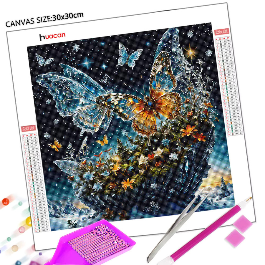 Huacan 5D-Diamantgemälde Schmetterling in Winterlandschaft als bunte Wanddekoration, B/H: 20 x 20 cm - Bild 2