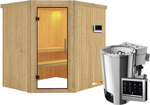 Karibu Sauna Talsen aus Fichtenholz in Beige inklusive 3.6 kW Saunaofen mit externer Steuerung für 3 Personen, B/T/H: 198 x 170 x 196 cm - Bild 1