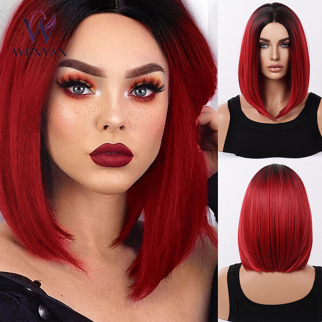 WENYAN Bob-Perücke, 14 Zoll, Burgunderrot, Gestuft, Synthetisch, Damen - Bild 1