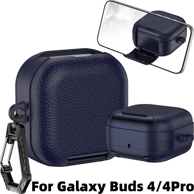 Ledertextur Etui für Samsung Galaxy Buds 4/4 Pro in Blau mit Telefonständer und Karabiner - Bild 1