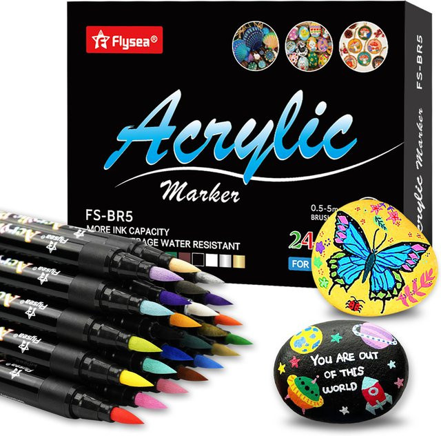 Flysea Acrylmarker mit Pinselspitze in Multicolour für kreative Malerei auf Keramik, Glas und Steinen, 24 Farben - Bild 1