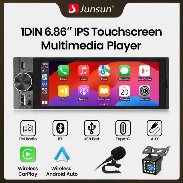 Junsun Universal MP5 Autoradio mit 6,86 Zoll Touchscreen, Wireless CarPlay, Android Auto, Bluetooth, WiFi und USB-C Ladefunktion, Schwarz - Bild 1