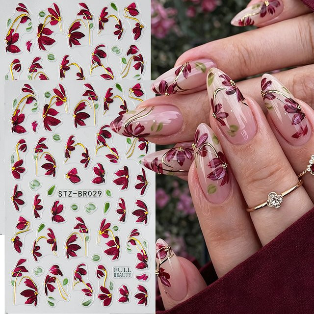 Full Beauty Nagelaufkleber, weinrot, Blumen-Design, 2 Stück - Bild 1