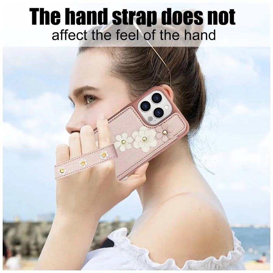 Apple Handyhülle mit Geldbörse und Kartenhalter im Blumen-Design für iPhone 16 15 14 Pro Max Plus als Umhängetasche mit magnetischem Ständer in Schwarz oder Pink - Bild 4