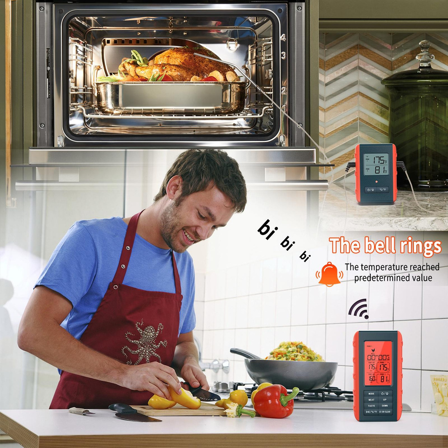TOMTOP JMS Kabelloses digitales Fleischthermometer mit 2 Sonden in Orange zum Grillen und Kochen - Bild 5
