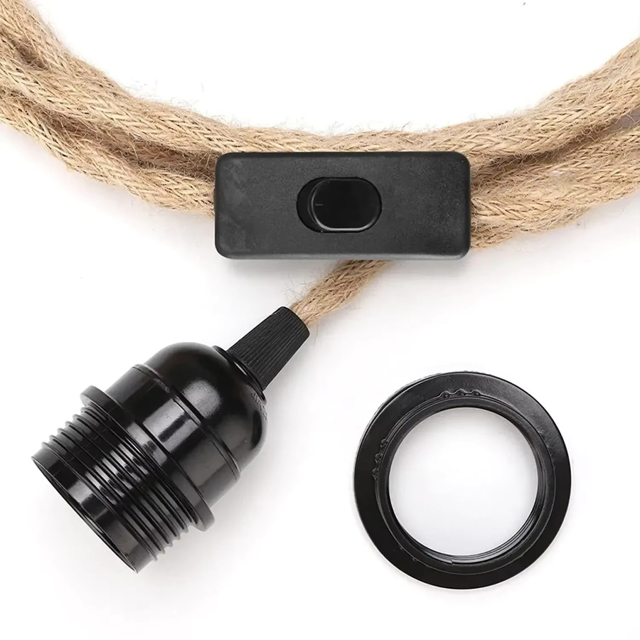L-MANG Industrielle Retro-Pendelleuchte mit Hanfschnur und E27 Lampenfassung in Braun und Schwarz - Bild 3