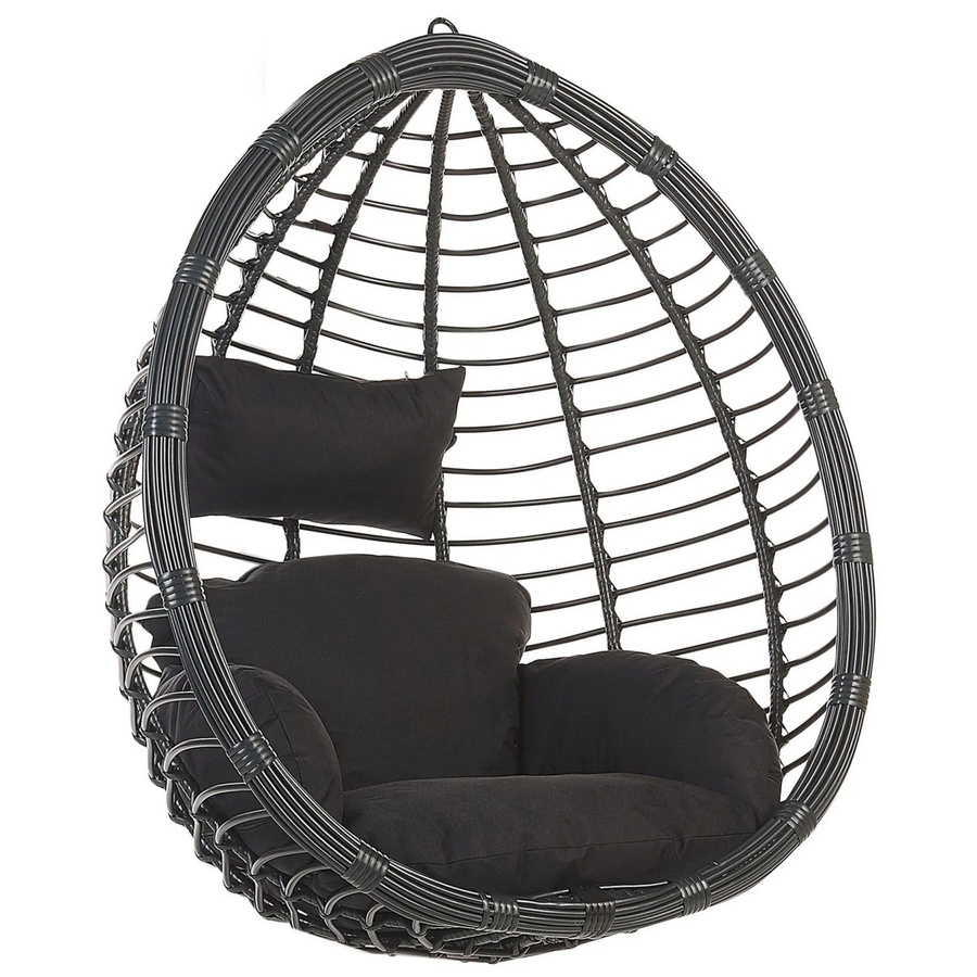Beliani Hängesessel Egg im Boho-Stil aus Polyrattan und Metall mit Polster in Schwarz, B/T/H: 74 x 106 x 116 cm - Bild 2