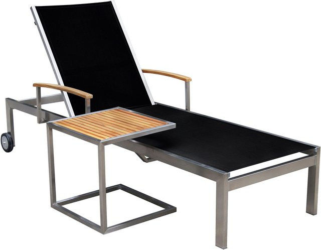 OUTFLEXX Sonnenliegen-Set in Schwarz aus Edelstahl und Teakholz mit Armlehnen, Beistelltisch und Textilene-Bespannung, B/T/H: 195,5 x 74 x 35 cm sowie Beistelltisch 45 x 45 cm - Bild 1