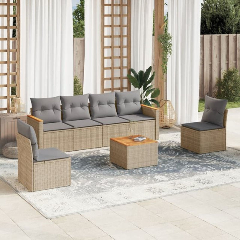 Vidaxl 7-teiliges Gartenmöbel-Set mit Kissen in Beige aus Rattan und Holz - Bild 1