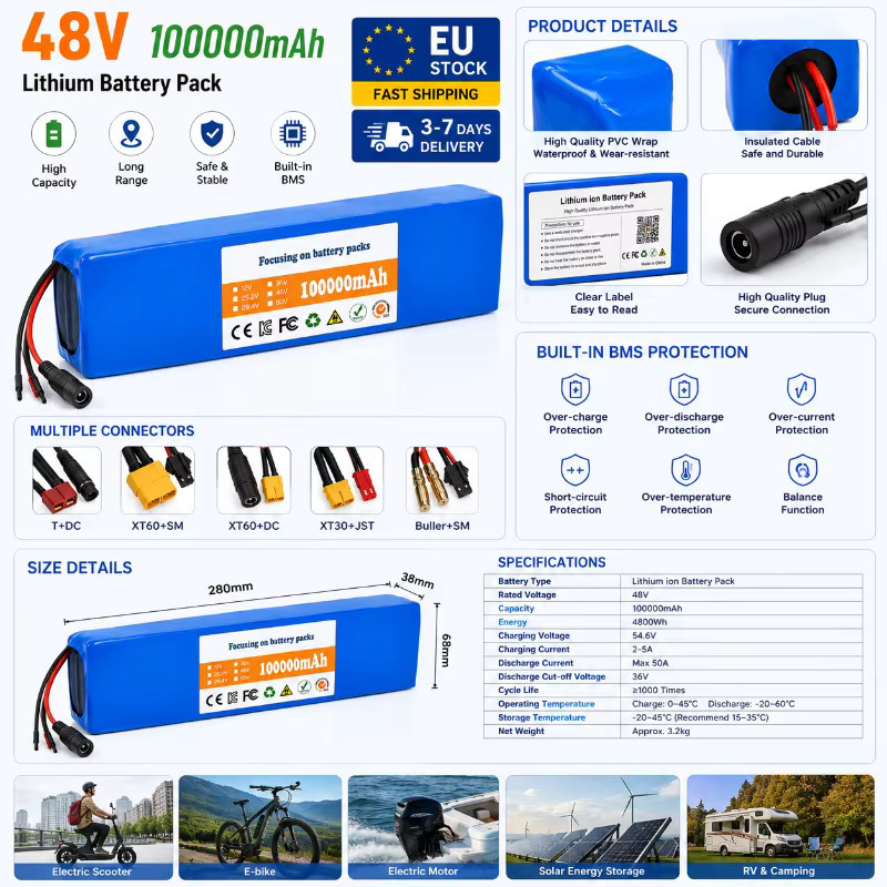 Ryobi 48V 100Ah Lithium-Ionen-Akkupack 13S2P 100000mAh mit Smart BMS in Blau für E-Bike und E-Scooter - Bild 4